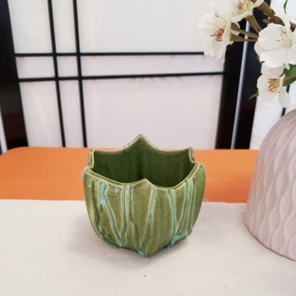 Studio Art MCM Pottery Green Glazed Hexagonal Pot Bowl Vase Dish - Hand Formed